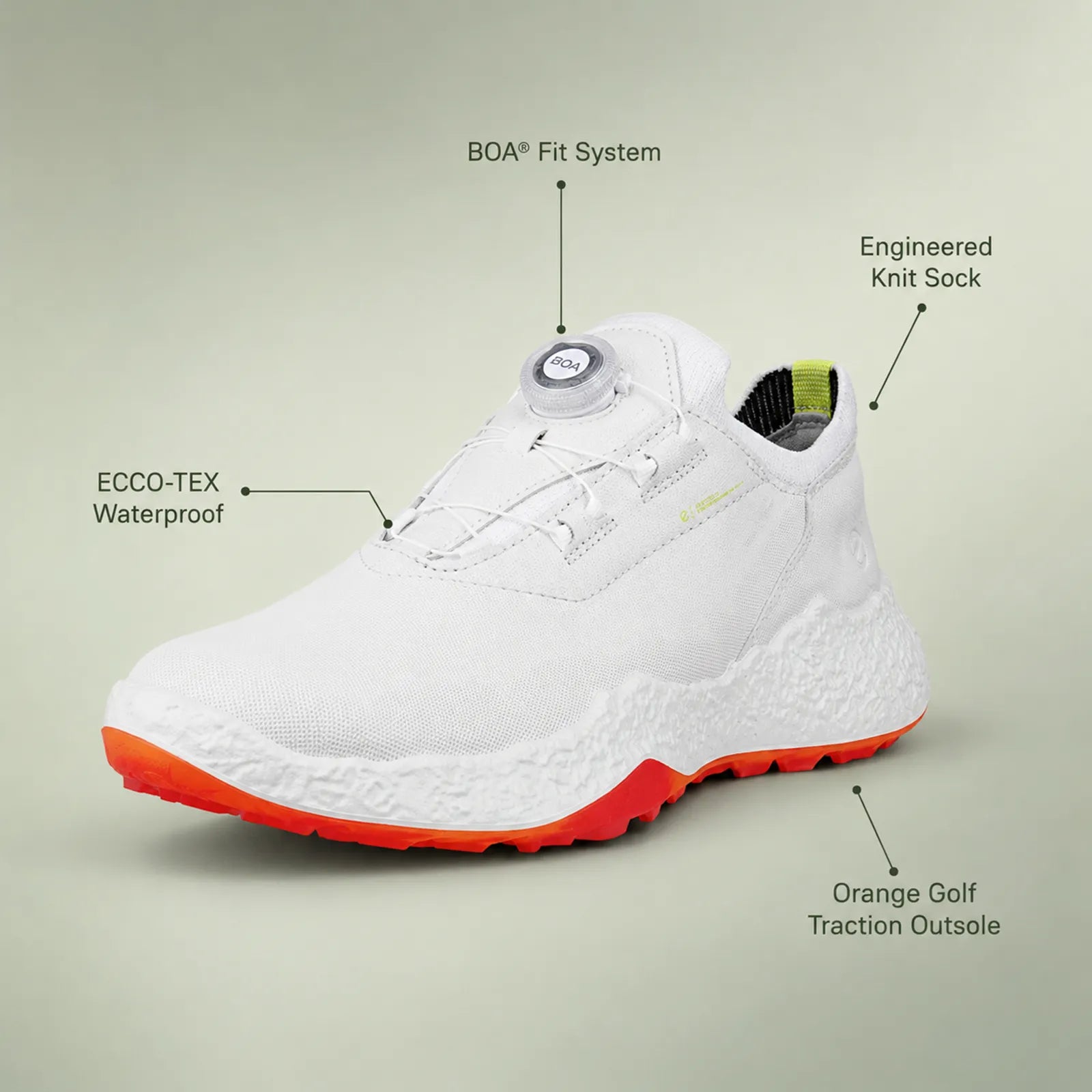 ECCO Golf Biom H5 BOA women's white waterproof golf shoes close up detail of BOA dial, textured outsole and cushioned insole