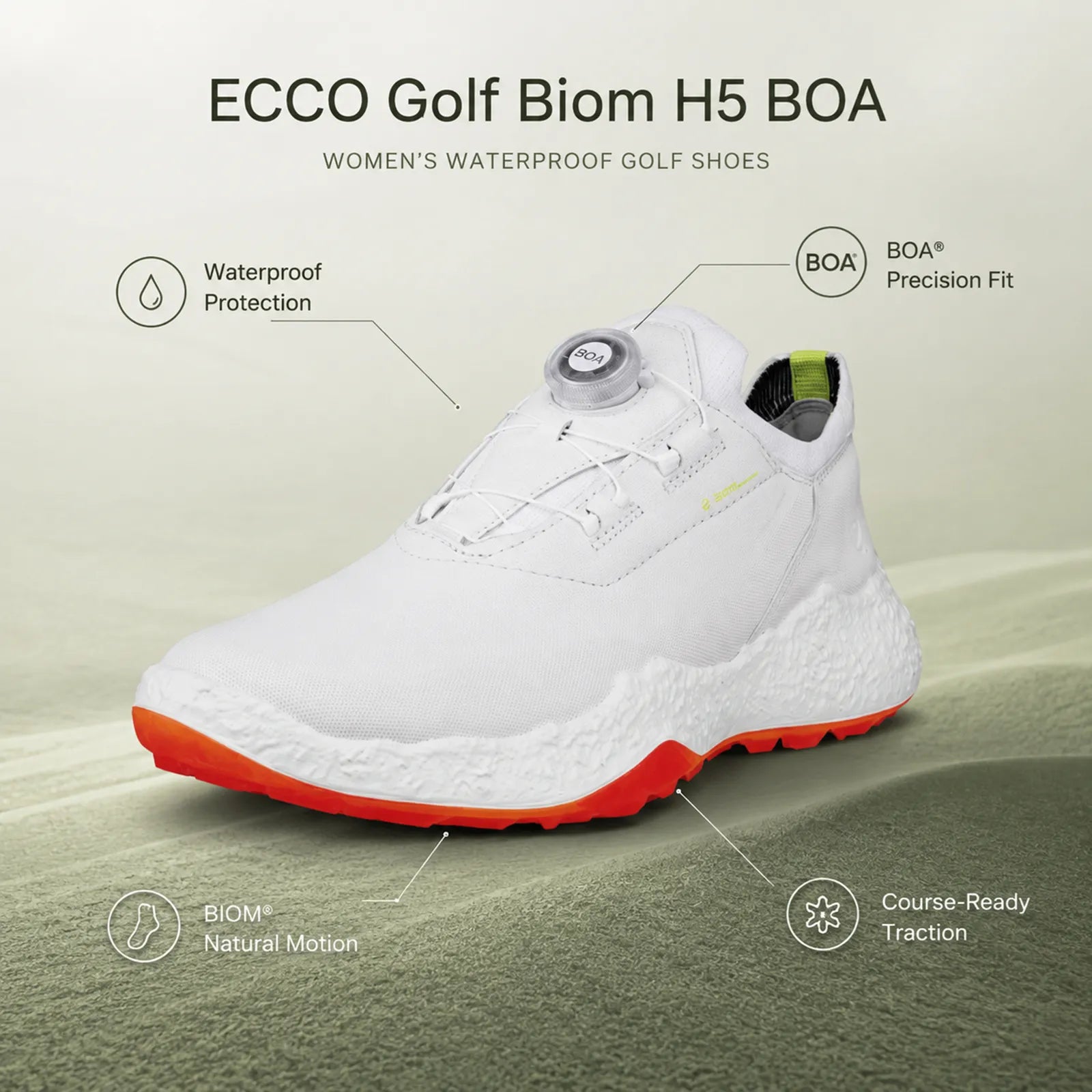 ECCO Golf Biom H5 BOA women's white leather golf shoes showing BOA fit, ECCO-TEX waterproofing and orange traction outsole