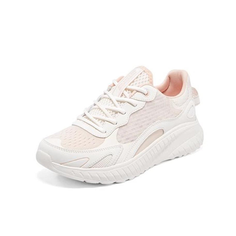 White women's lace-up sneaker with textured knit upper and padded collar