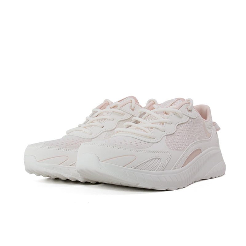 White women's low-top sneaker with lace-up closure and sporty panel design