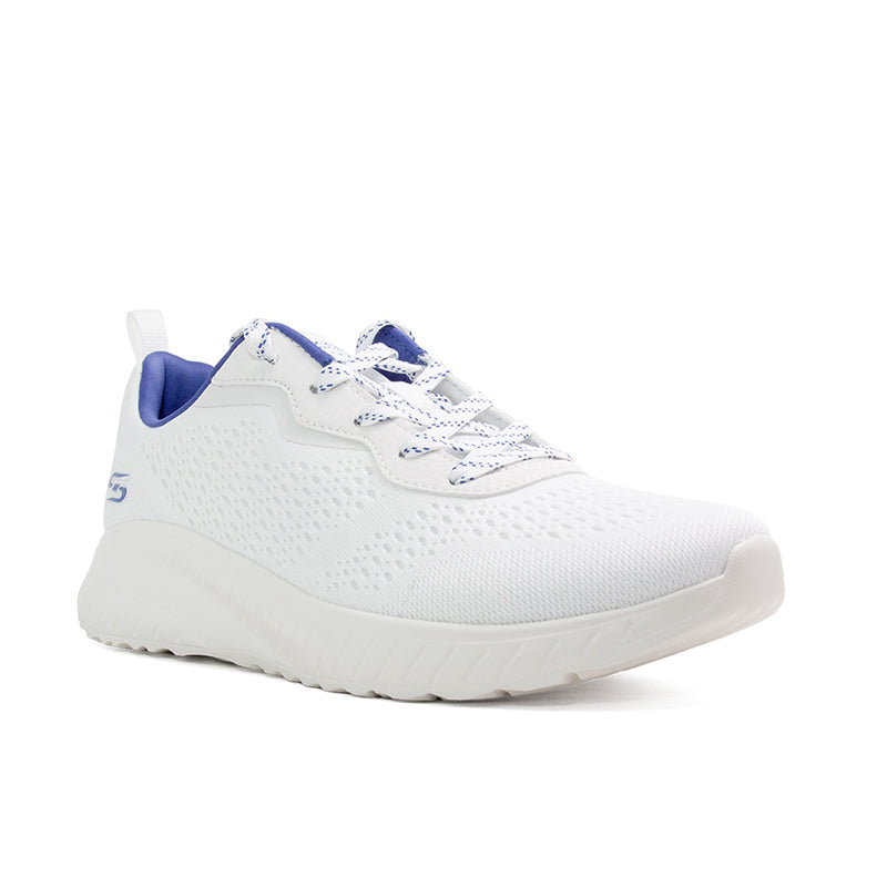 Off-white knit women's sneaker with blue collar and lace-up front