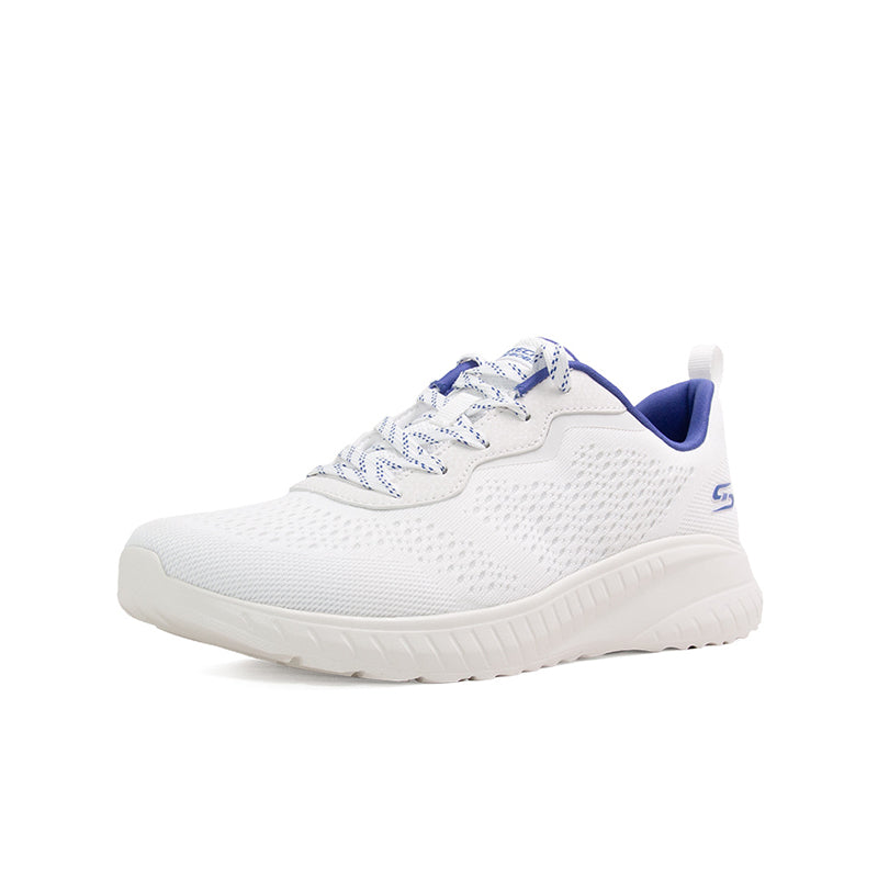 Off-white knit women's sneaker with blue lining, lace-up front, cushioned sole
