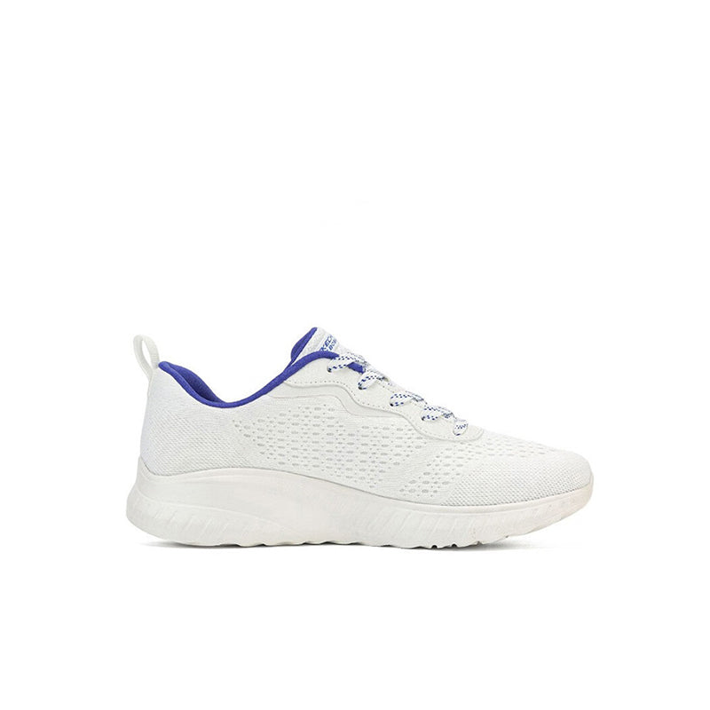 Off-white low-top knit sneaker with blue collar, side profile and lace detail