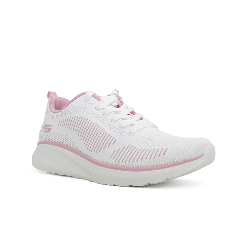 Women’s white textile sneaker with pink accents, lace-up design and thick cushioned sole