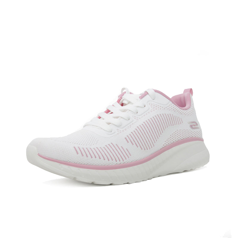 Women’s white lace-up sneaker with pink trim, breathable textile upper and grippy sole