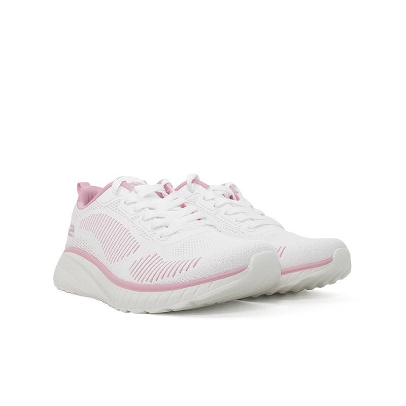 Women’s white athletic sneaker with pink detailing, lace-up front and cushioned midsole