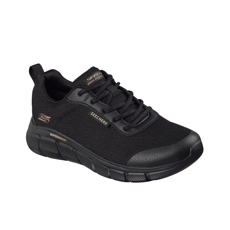 Women's waterproof black lace-up trainers with cushioned sole and mesh upper