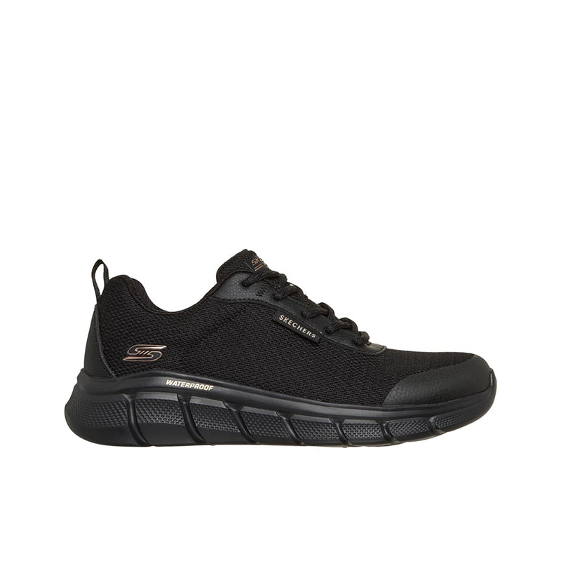 Women's waterproof black lace-up trainers with branding detail and padded collar