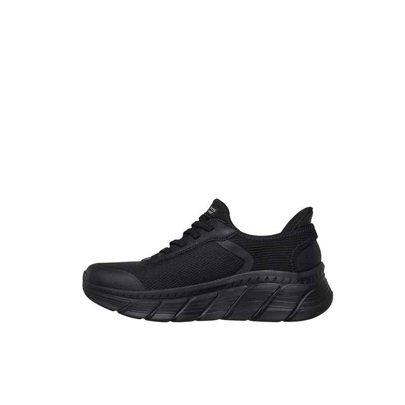 Black lace-up high-top sneakers, side view with chunky tread sole
