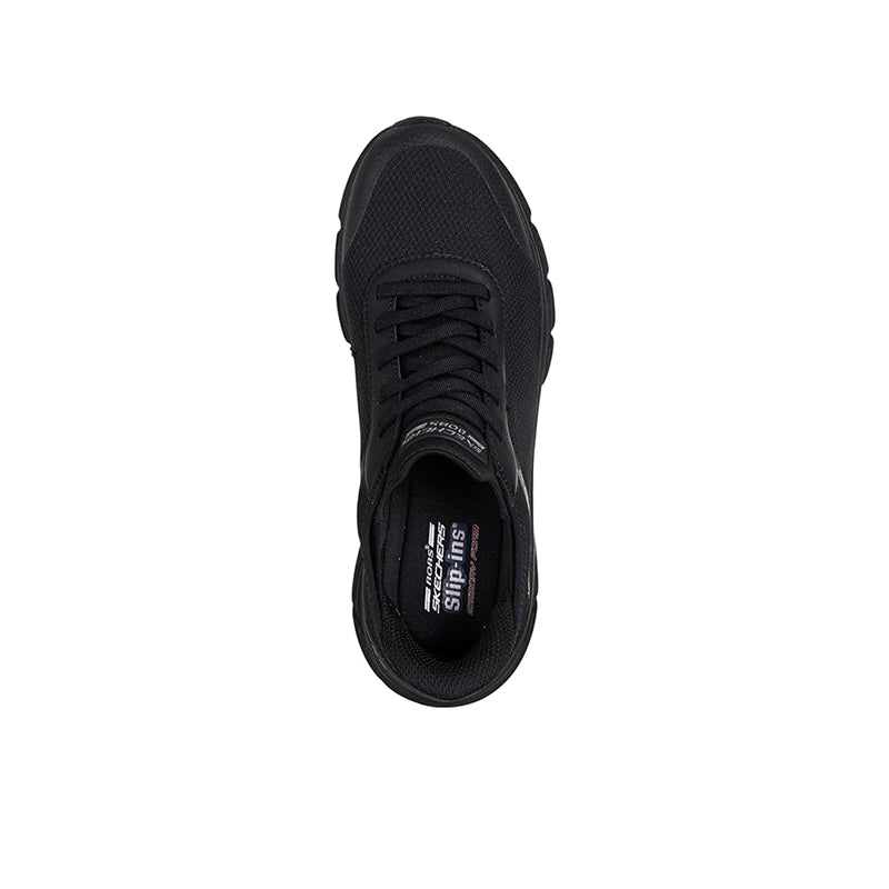 Black high-top sneakers with laced front and padded collar, top view