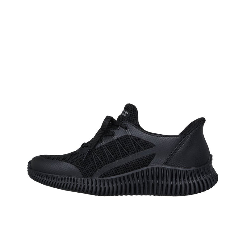 Black women's slip-on knit sneakers with side logo and ridged rubber sole