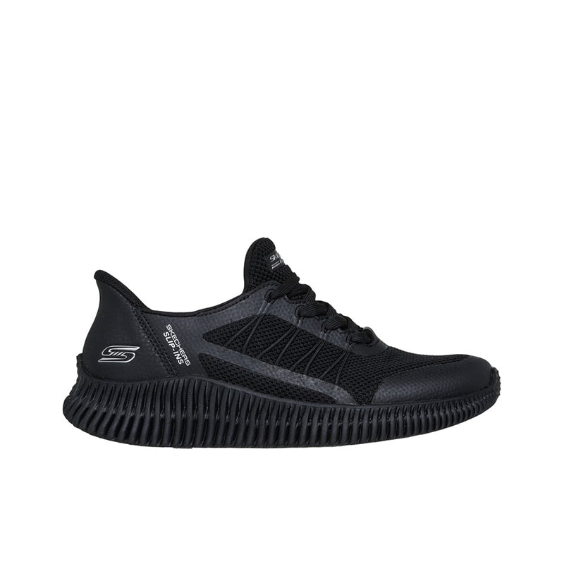 Black women's lace-up knit sneakers with cushioned collar and treaded rubber sole
