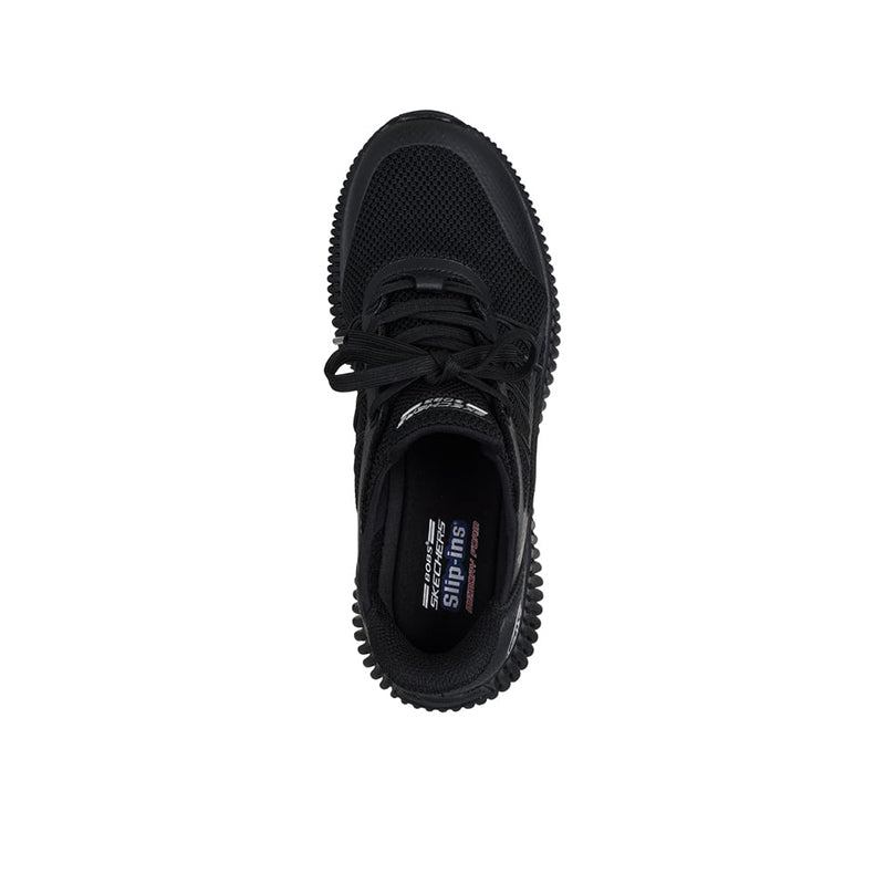 Black women's slip-on sneakers from side view, laces and knit upper