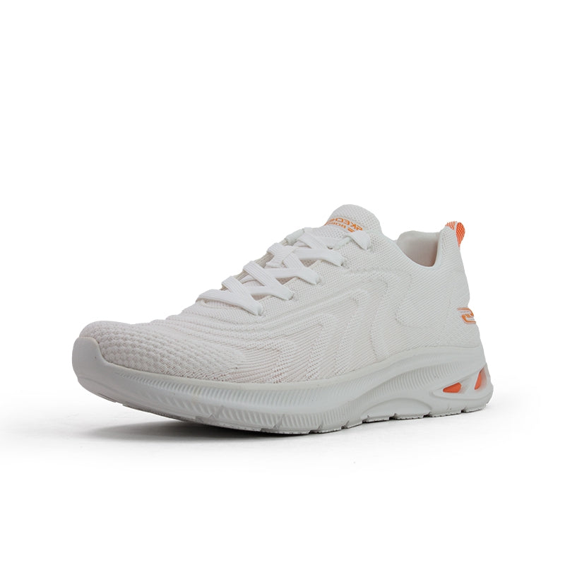 Off-white women's lace-up sneakers, side profile, knit upper and orange heel accents