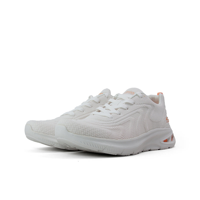 Off-white women's lace-up sneakers, heel and side view, textured knit with orange details