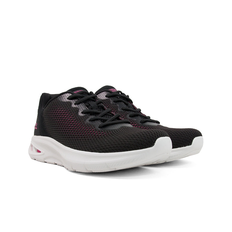 Black mesh women’s sneaker with lace-up design and white midsole