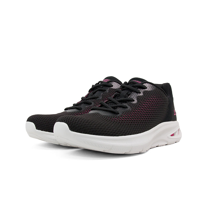 Black knit women’s sneaker with lace-up closure and white sole