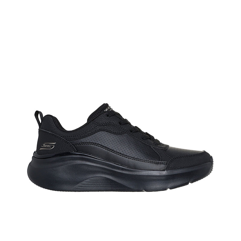 Black lace-up sneakers with side panels, stitched overlays, and cushioned collar