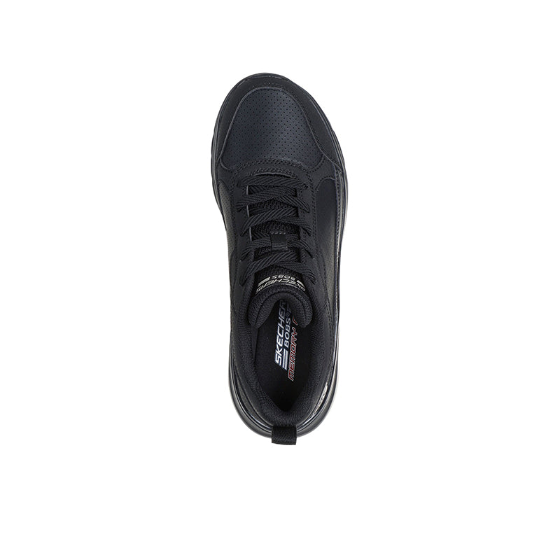 Black lace-up sneakers shown from the toe with padded tongue and interior lining