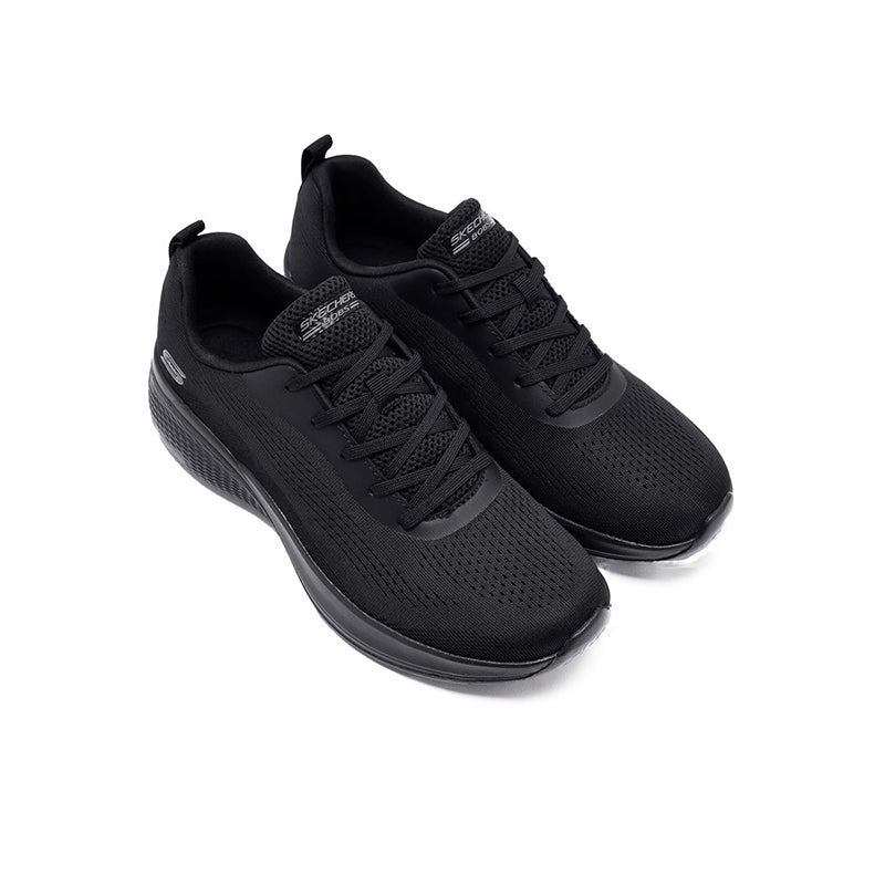 Black textile lace-up sneaker with cushioned sole and knit-look upper