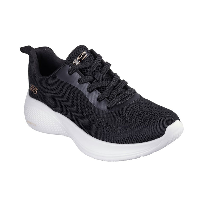 Black textile lace-up sneaker with white midsole and raised knit pattern