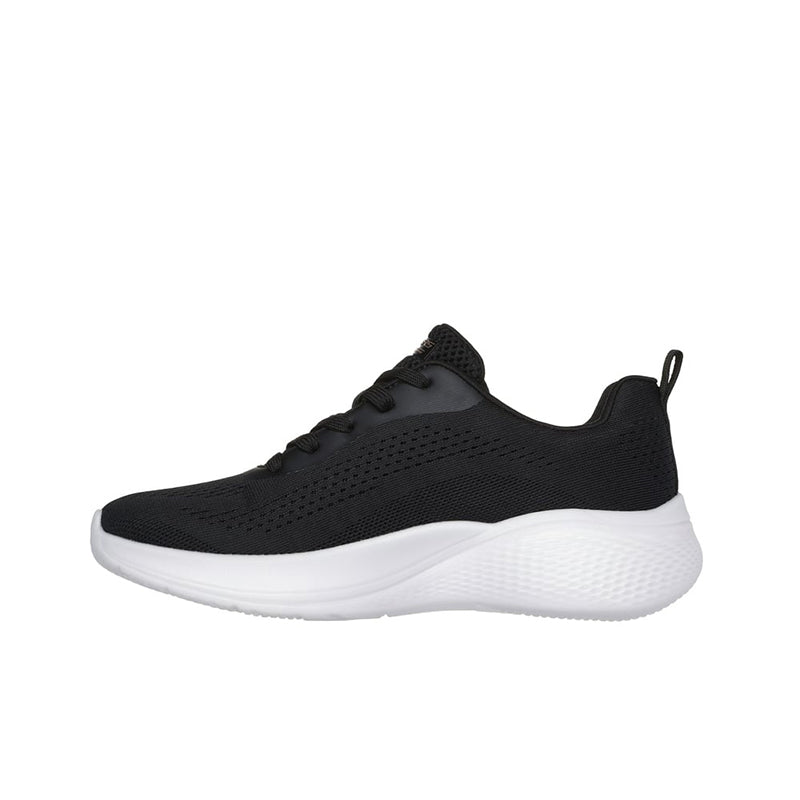 Black textile lace-up sneaker with thick white midsole and padded collar