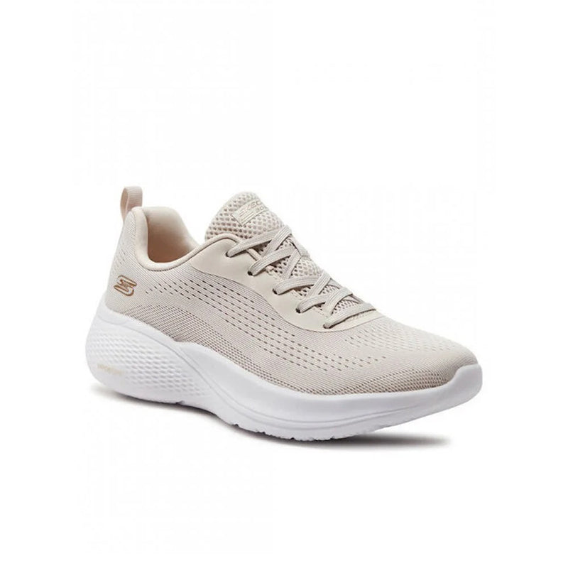 Beige textile lace-up sneaker with white midsole and cushioned sole