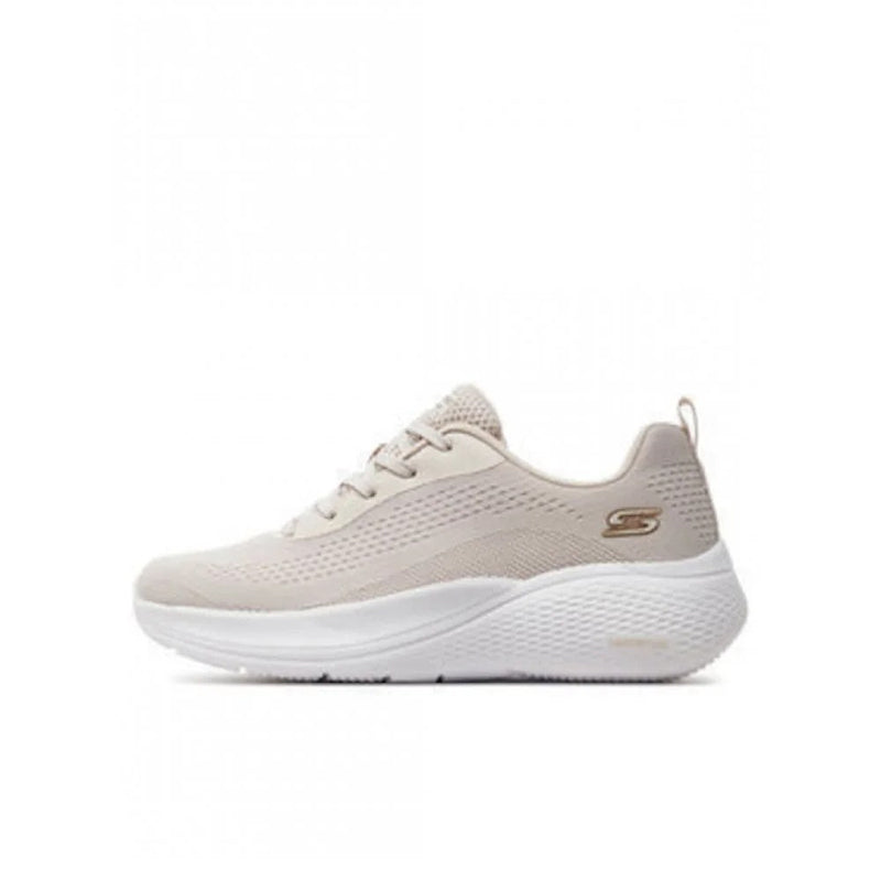 Light beige textile lace-up sneaker with white midsole and knit upper