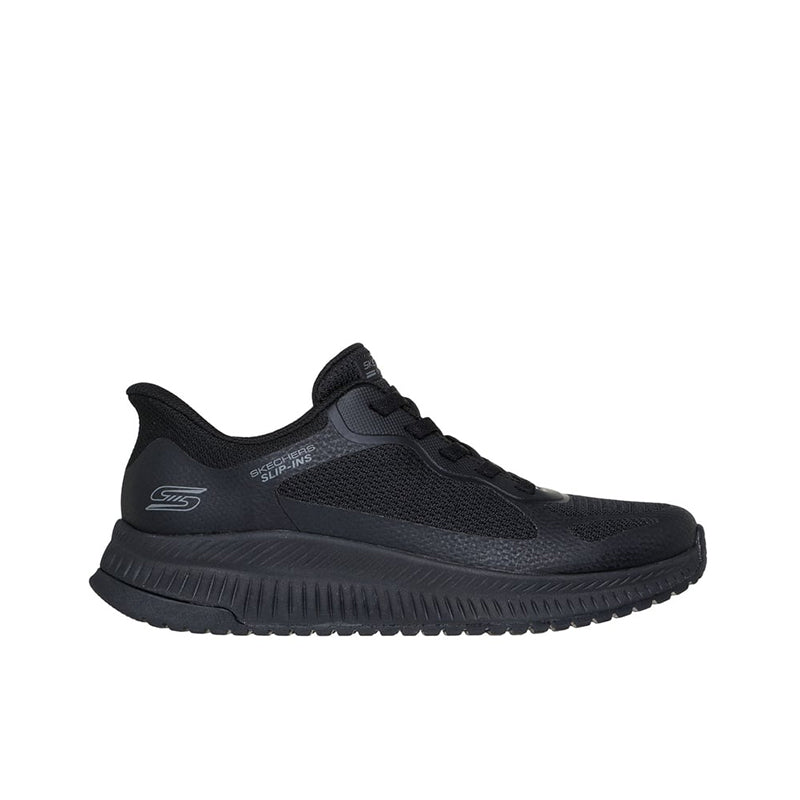 Black lace-up mesh casual sneaker, angled profile