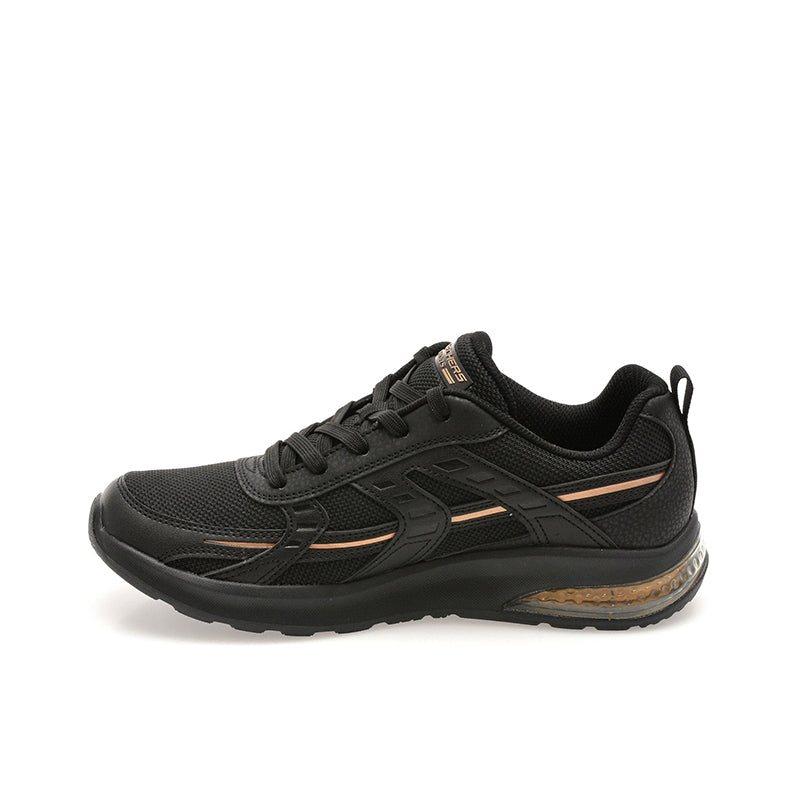 Women's black trainers, side view with lace-up closure and rugged outsole