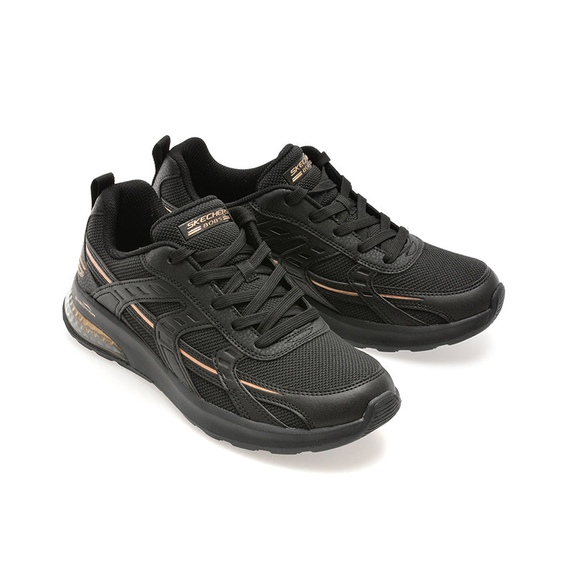 Pair of women's black lace-up trainers with textured panels and padded collar