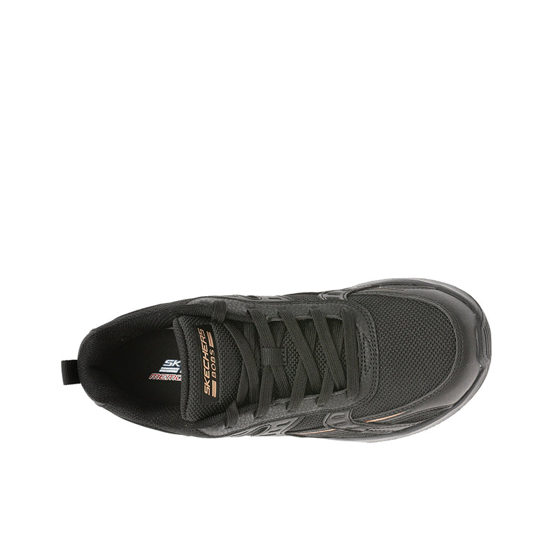 Women's black trainer, side view with lace-up eyelets and thick outsole