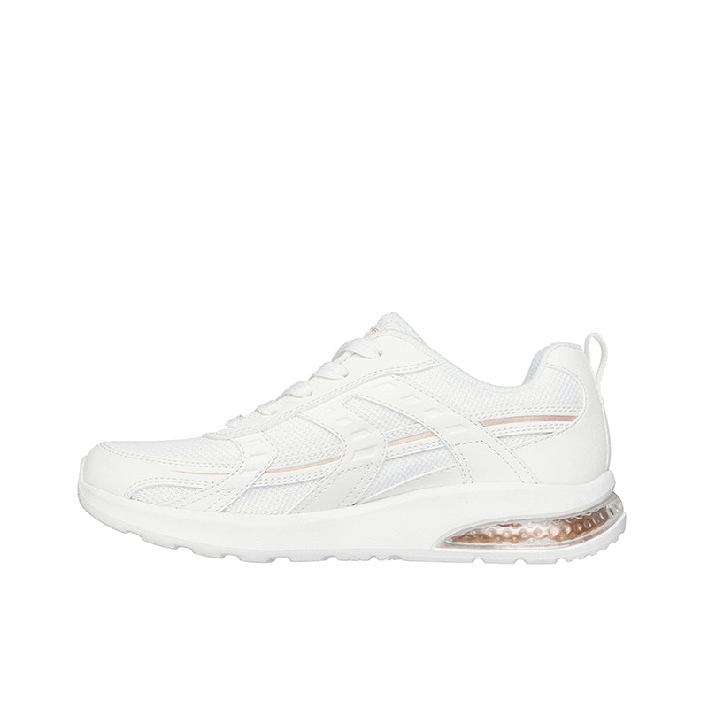 Women's white trainer, side view with lace-up closure and rubber sole