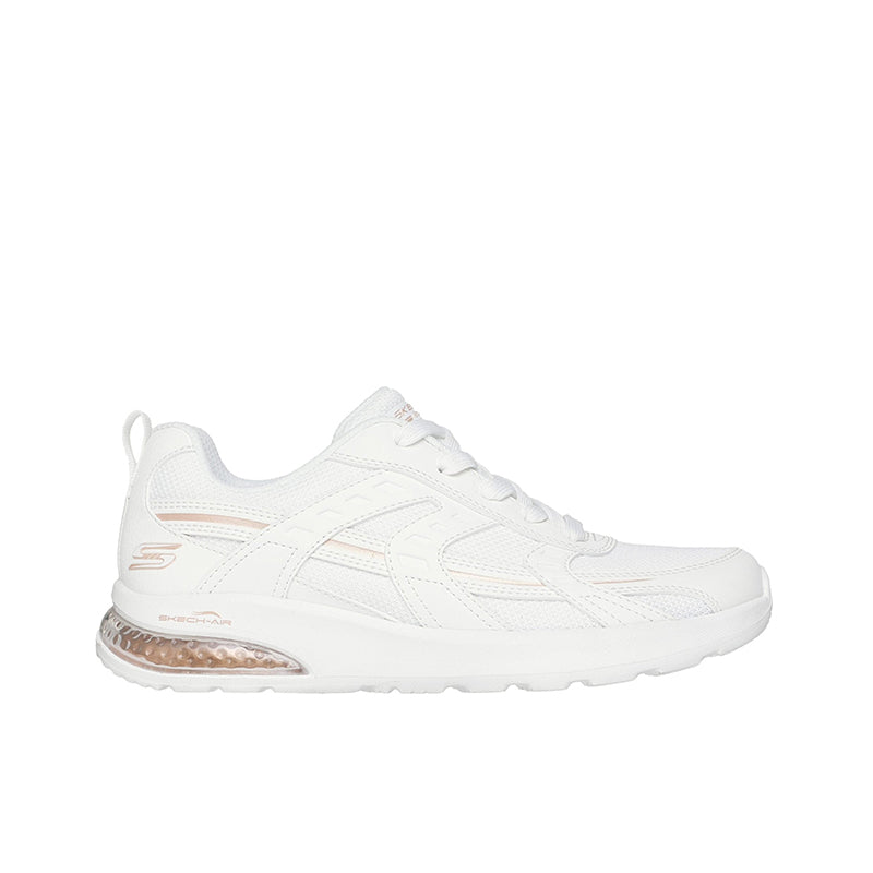 Women's white trainers, angled side view with lace-up design and outsole