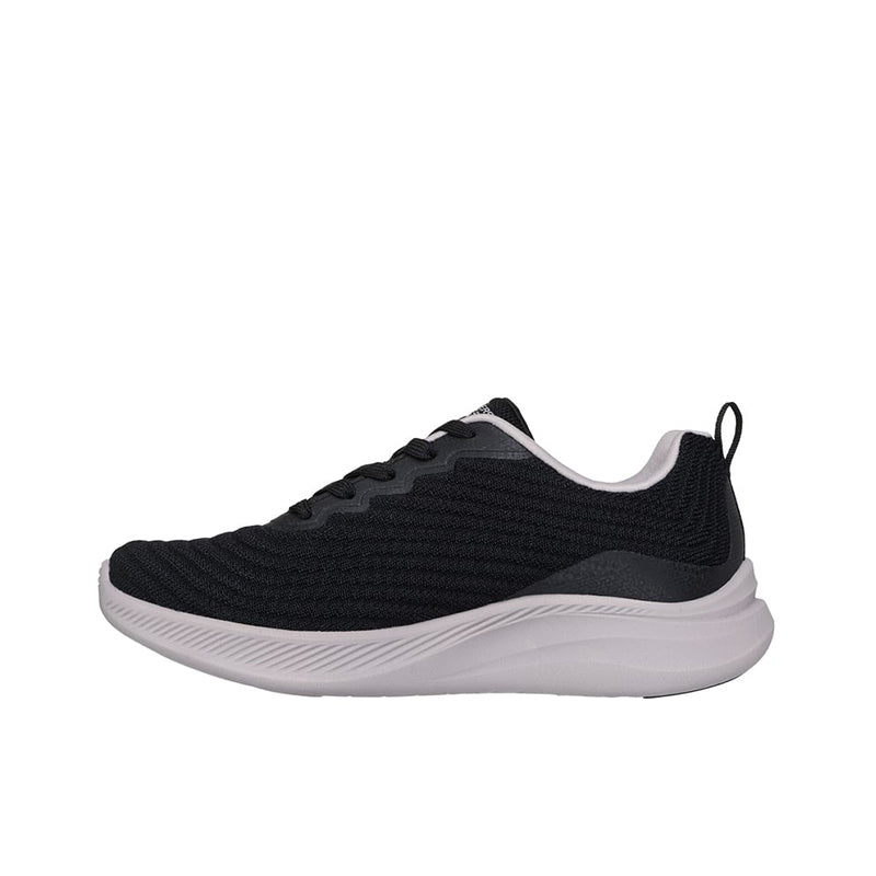 Women's black lace-up knit sneakers with white midsole and outsole