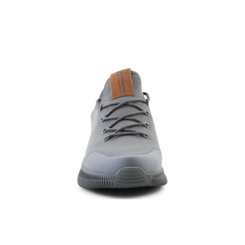 Grey men's lace-up sneaker with tan pull tab and textured knit upper