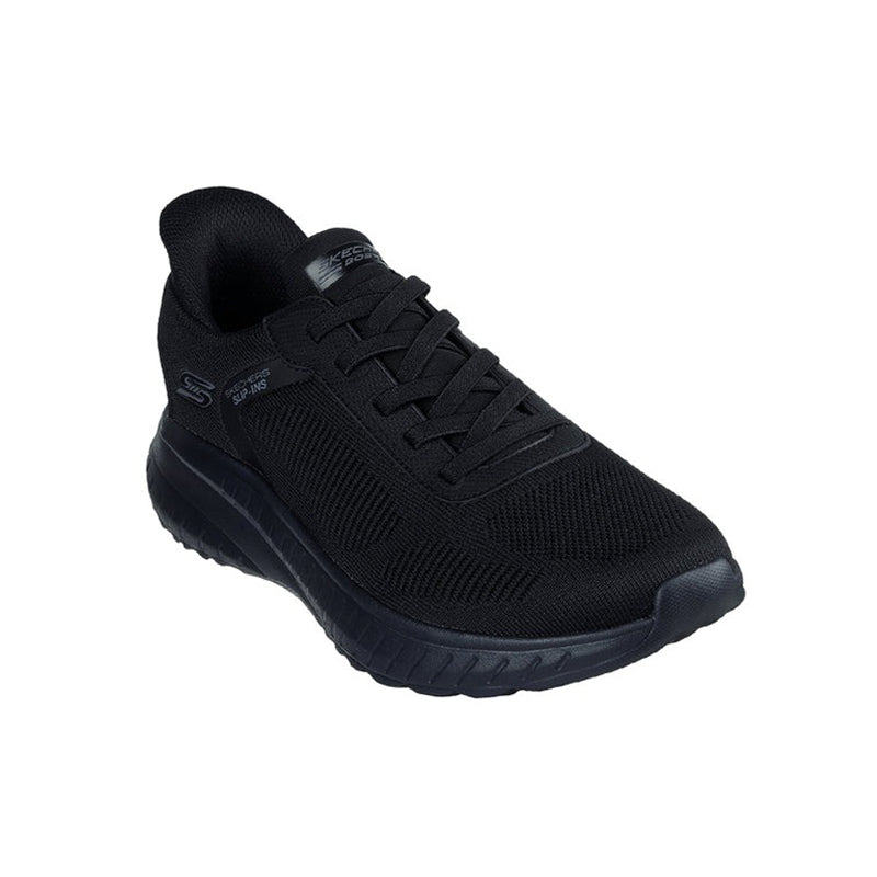 Men's black knit slip-on sneakers with lace front and chunky rubber sole