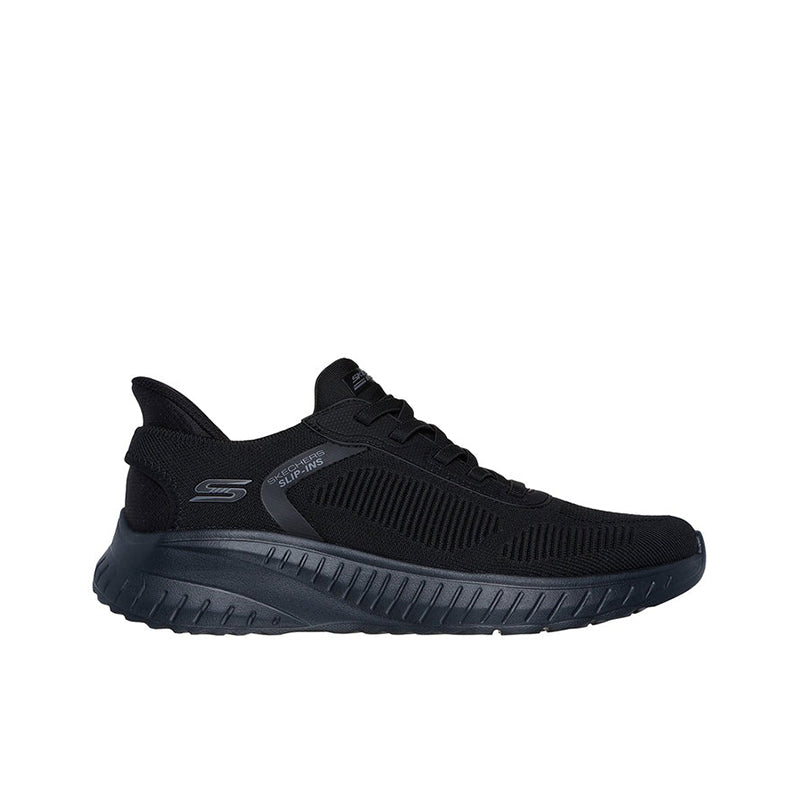Men's black slip-on sneakers with striped textured panel and grippy tread sole
