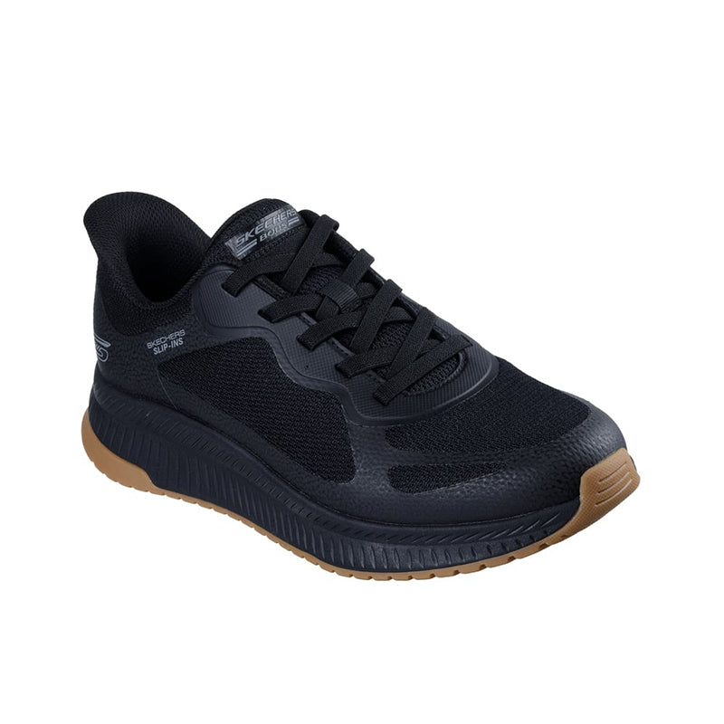 Black men's slip-on running sneaker with lace-up front and textured upper