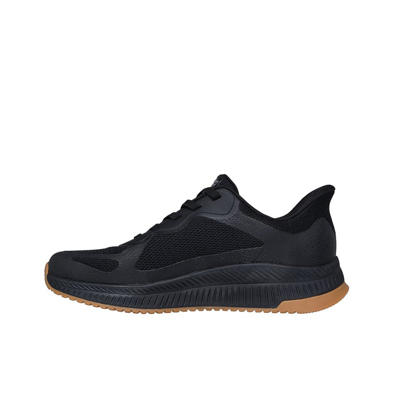 Black men's lace-up slip-on sneaker with sporty side panel and thick sole