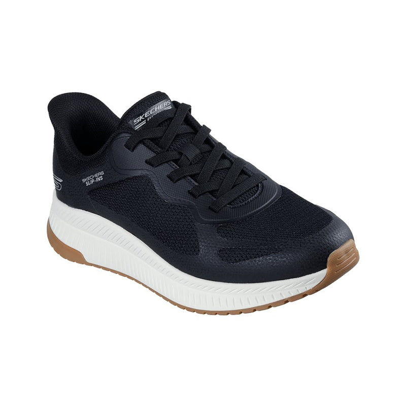 Black men's lace-up slip-on sneaker with white midsole and cushioned upper