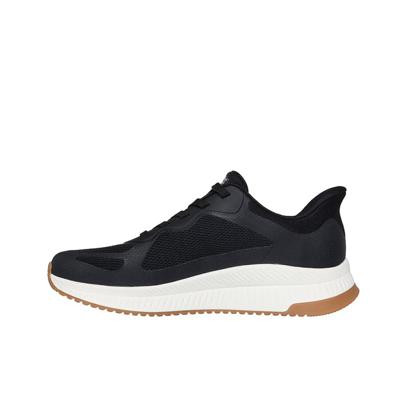 Black men's lace-up slip-on sneaker with white midsole and low profile tread