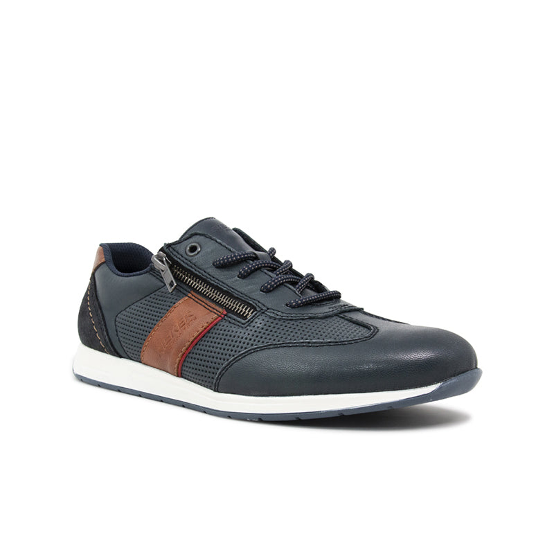 Men's leather sneaker, blue with lace-up and side zipper, white sole