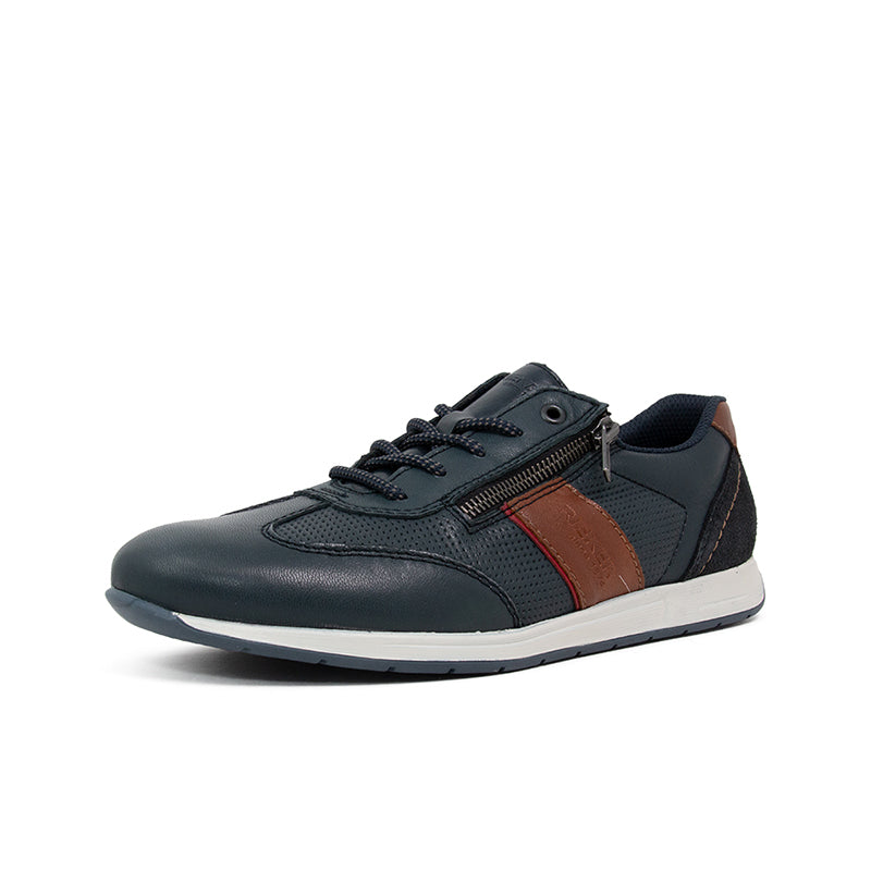 Men's leather sneaker, dark blue lace-up with brown stripe and white sole