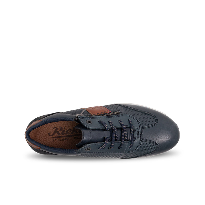 Men's leather sneaker toe view, dark blue with lace-up and brown interior