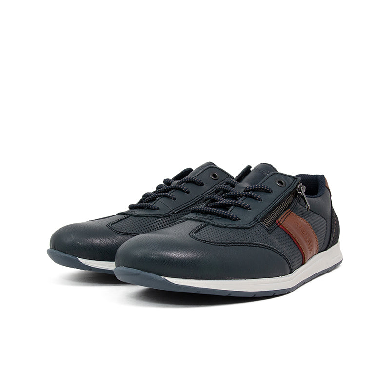 Men's leather sneakers, dark blue lace-up with brown side stripe and white sole