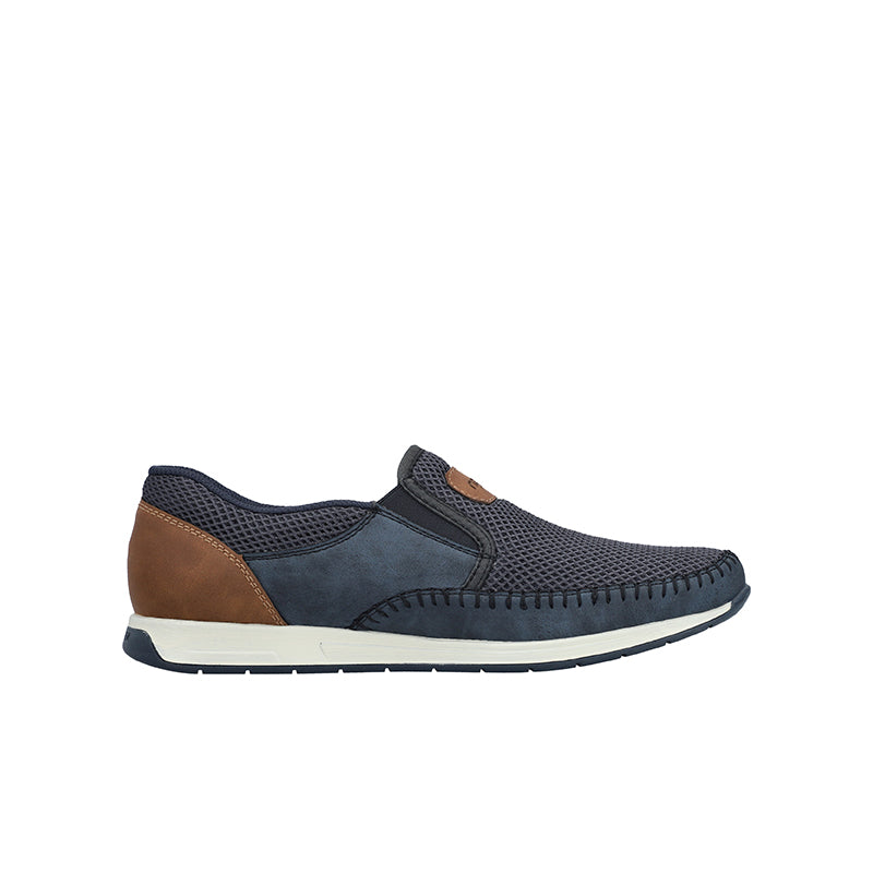 Men's slip-on sneakers, navy mesh with brown panels and white sole