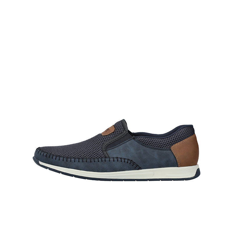 Men's slip-on sneakers, navy mesh upper with brown side panels and white sole