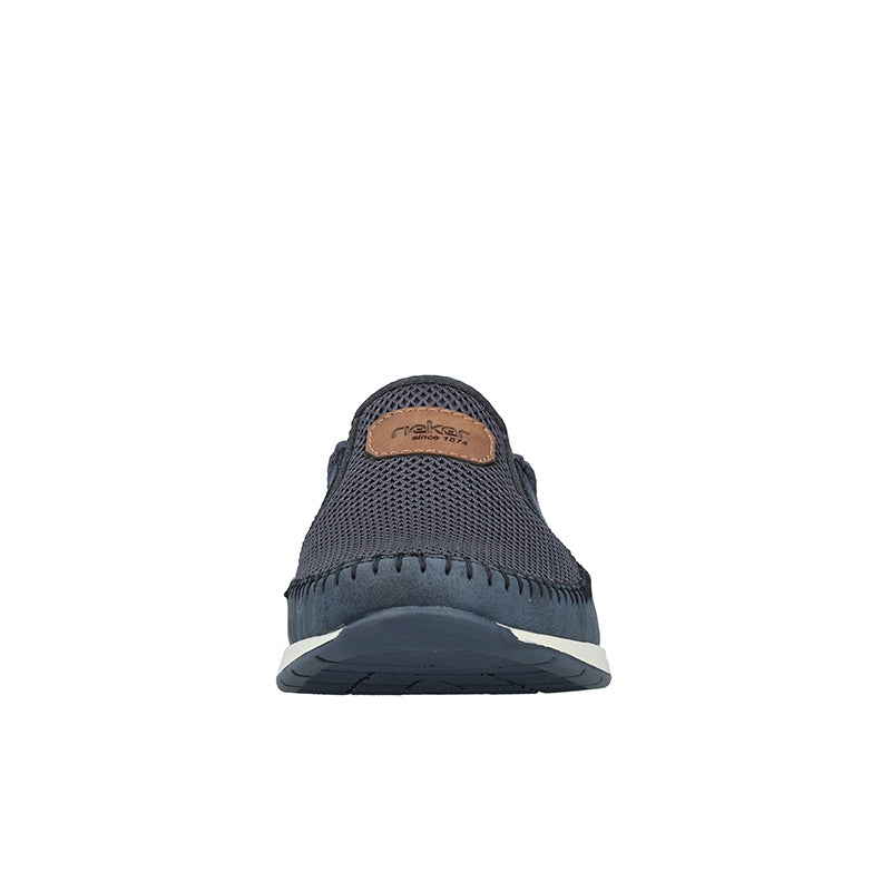 Men's slip-on sneakers, navy mesh with heel logo patch and white sole