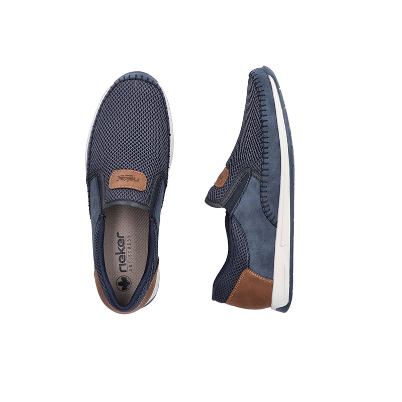Men's slip-on sneakers, navy mesh with brown accents and white sidewall sole